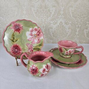 April Cornell Pink Flower Set 2 Snack Plates, Cup & Saucer, Creamer Contemporary